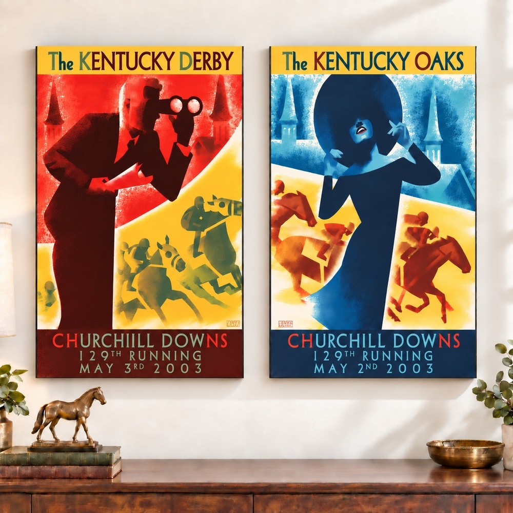 Vintage 2003 Kentucky Derby Oaks Official Poster Wood Mounted Art Plaque Set